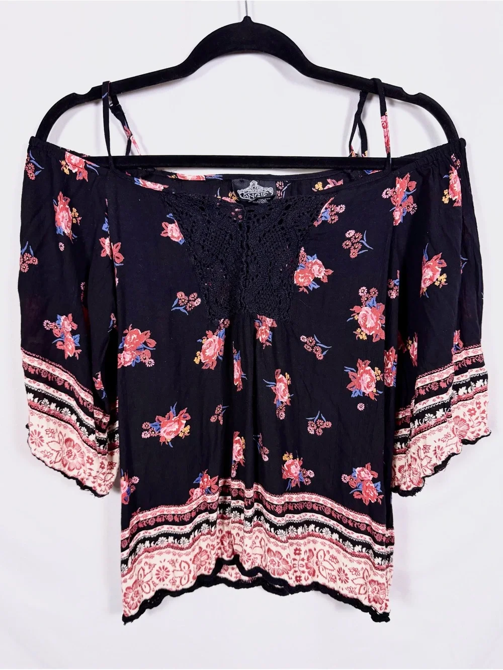 Angie Off Shoulder Boho Floral Rayon Blouse Sz L Black Pink Made in India